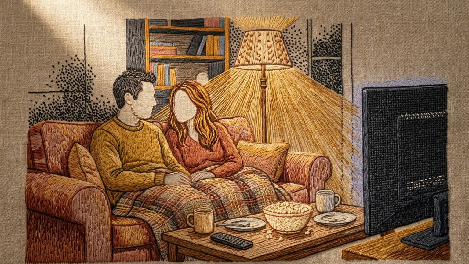 A couple under one blanket turned toward each other in lamplight, the TV dark and facing away, popcorn and mugs finished on the table