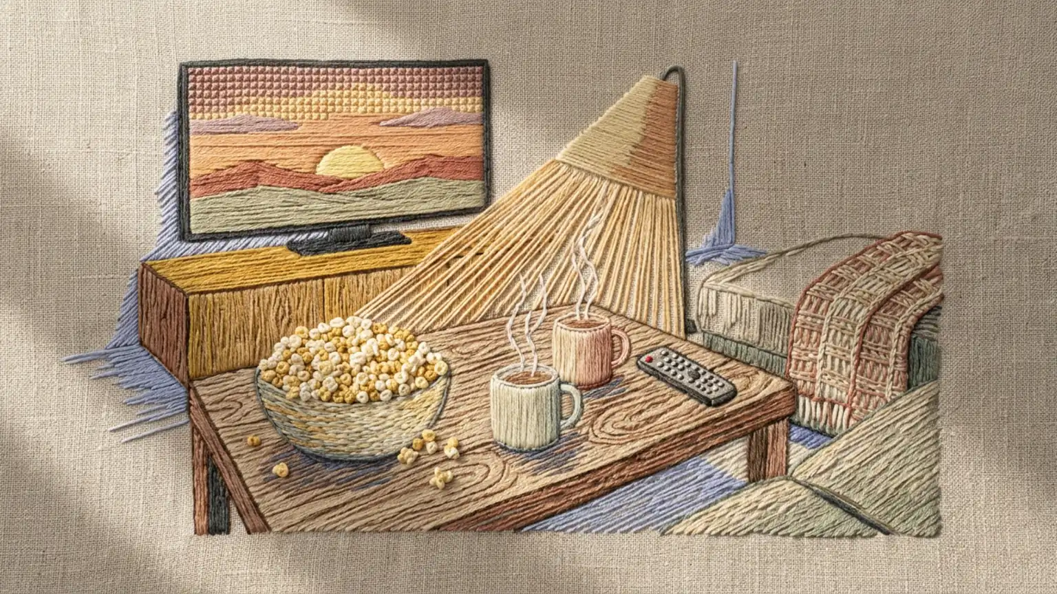 A coffee table set for movie night — popcorn, two steaming mugs, the remote at rest — under a lamp's warm glow, a sunset paused on the screen