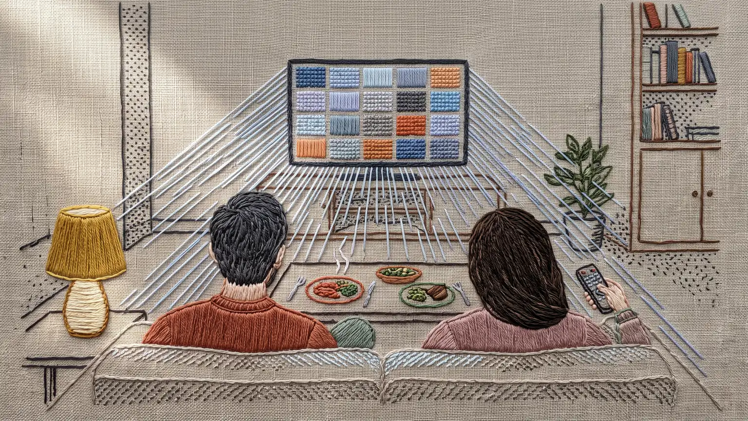 A couple seen from behind on a couch, one holding up the remote at a TV full of thumbnails, dinner steaming untouched on the coffee table