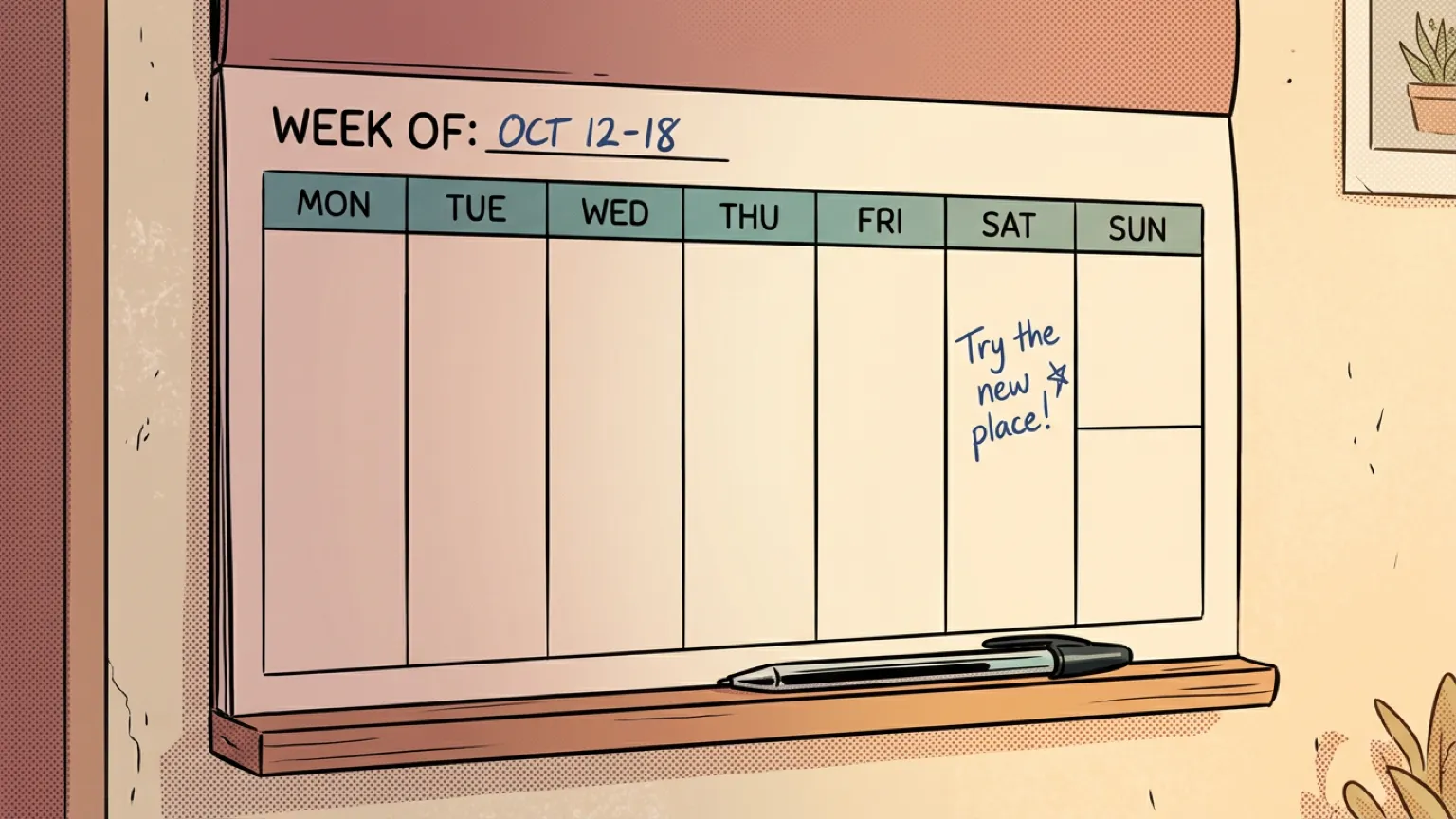 A calendar with a single casual note on Saturday — not over-scheduled, just enough