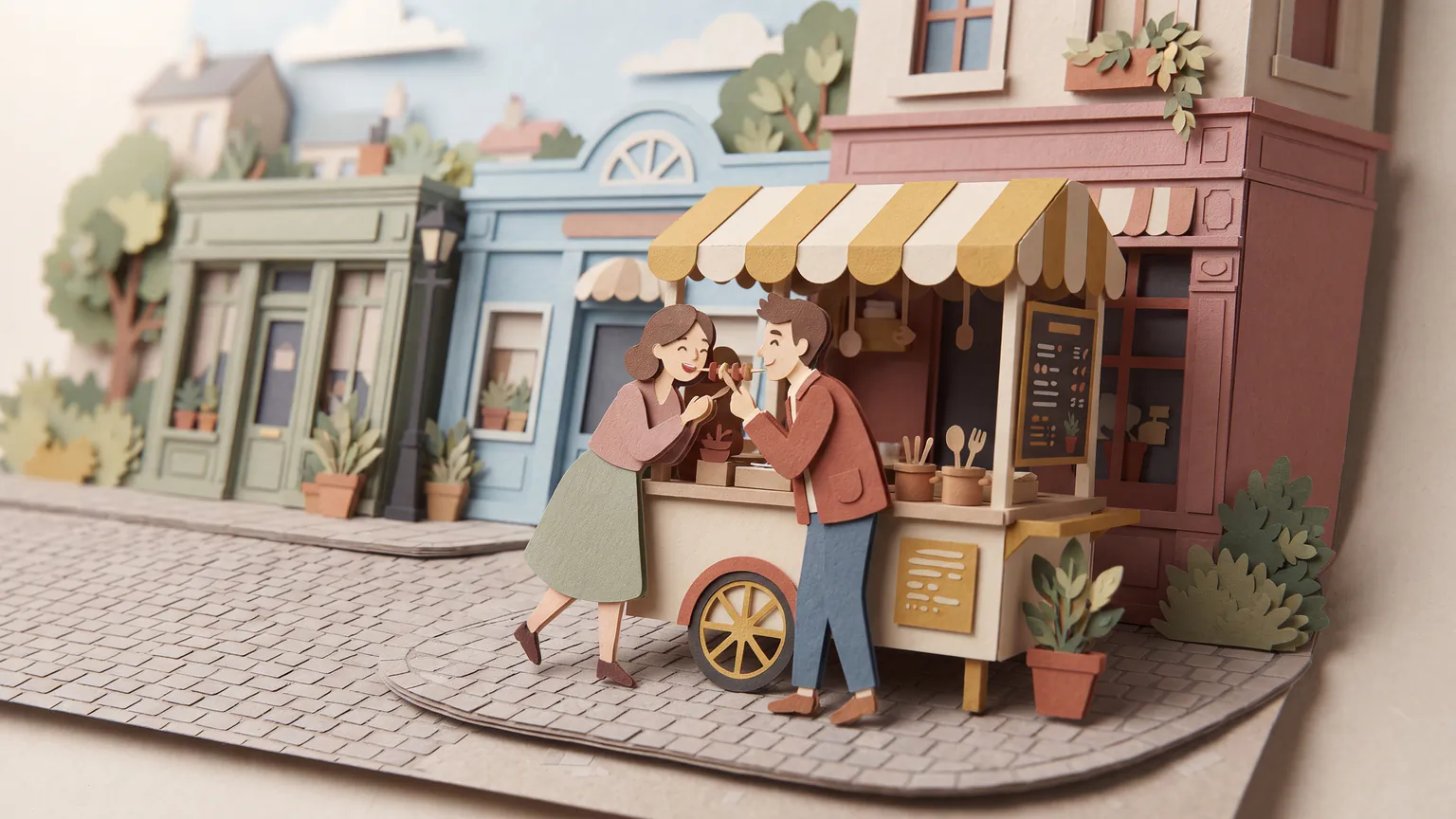 A couple sharing a bite of street food at a little cart with a striped awning, neighborhood storefronts behind