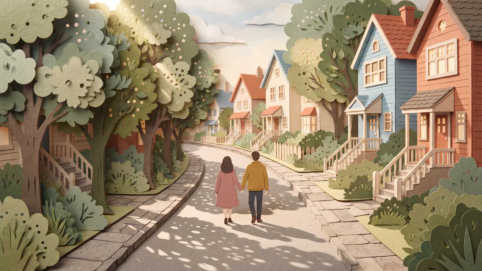A couple walking away down a tree-lined neighborhood street they've never explored, dappled light through the leaves