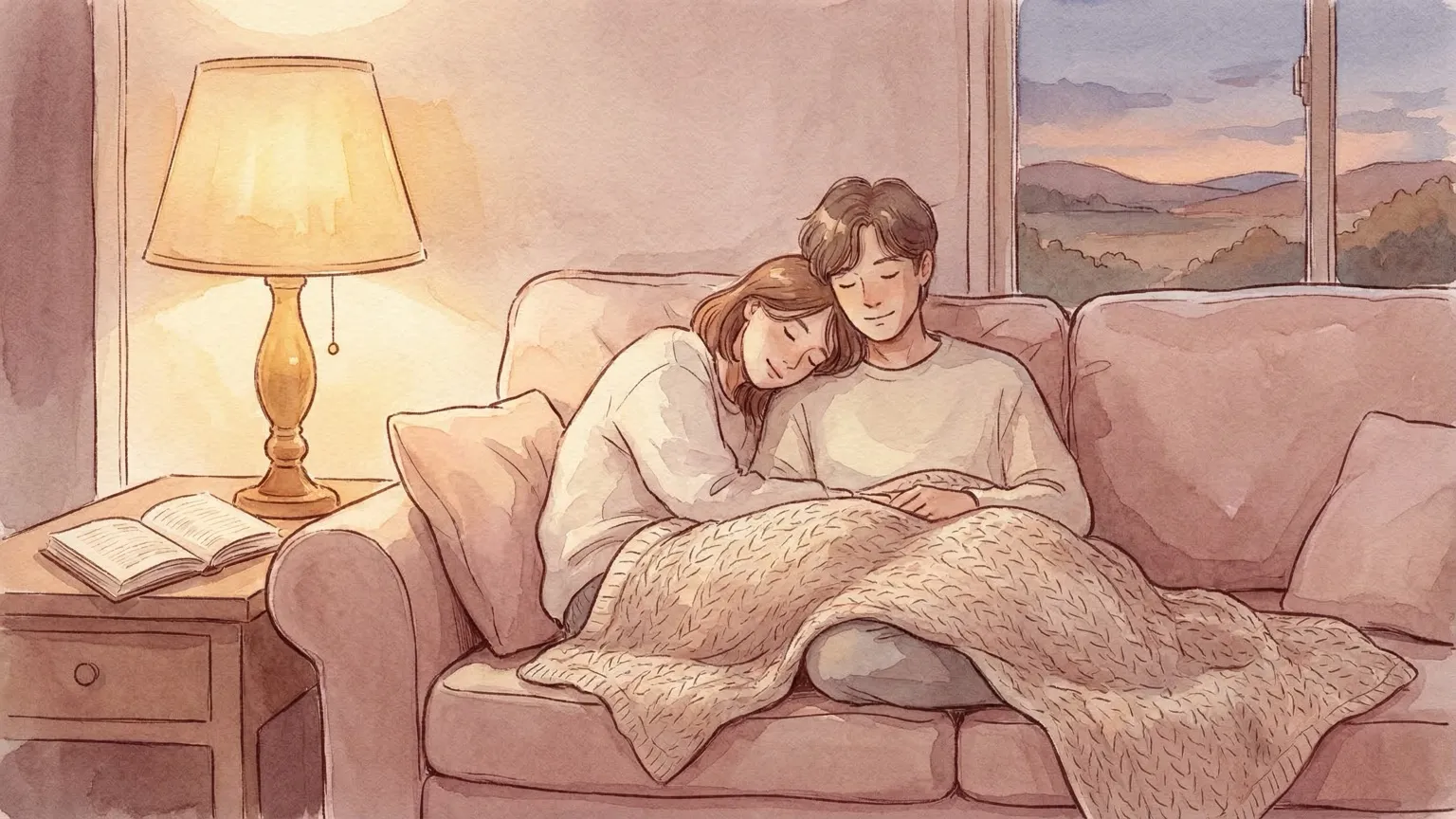 Two people on a couch, one resting their head on the other's shoulder
