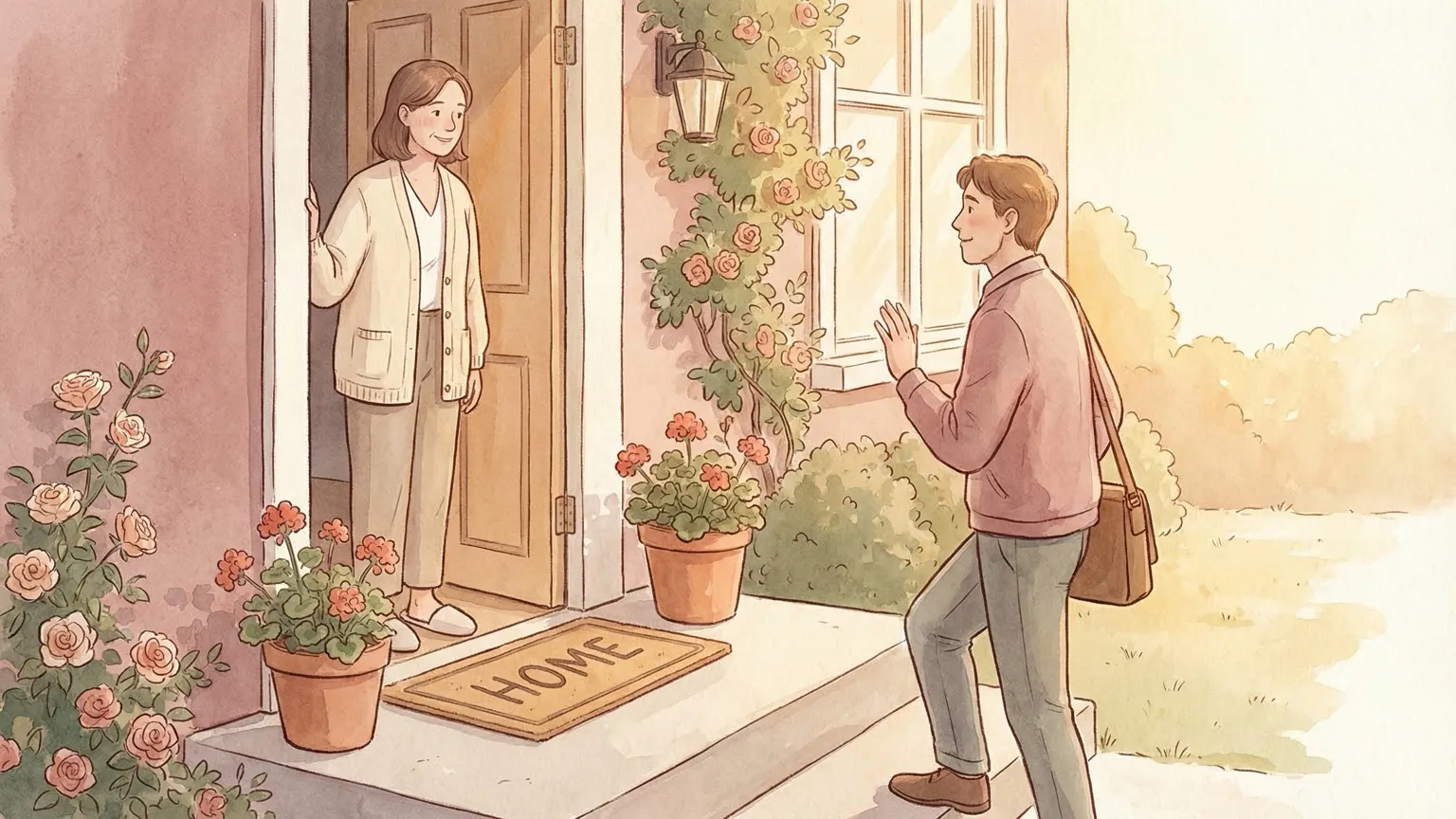 A morning doorstep goodbye, one person turning back with a small wave