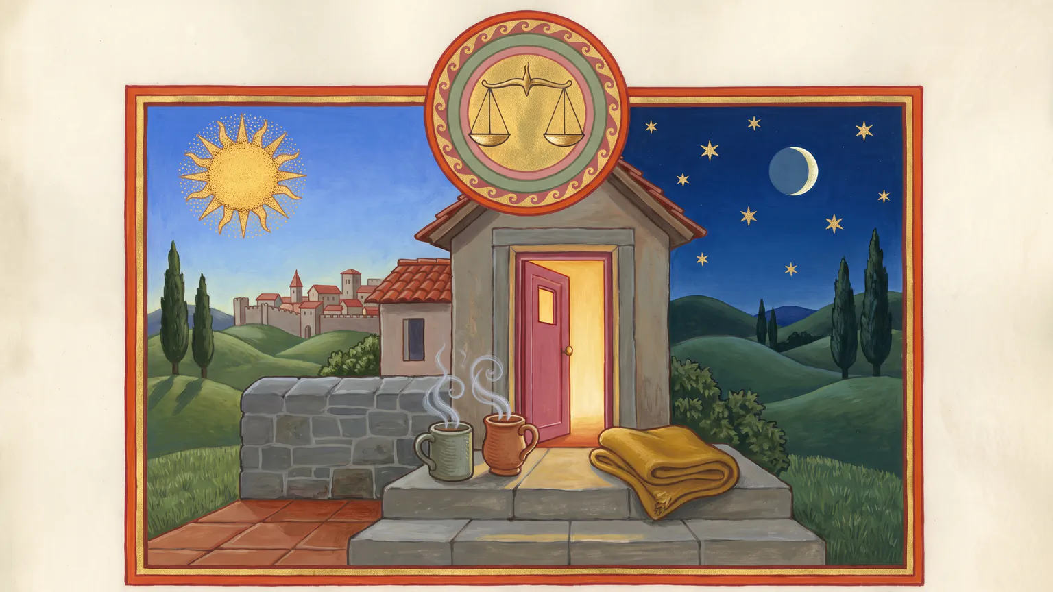 Two steaming mugs and a folded blanket on the doorstep of a small stone house, its door standing open with warm light inside, the sky half day and half starry night