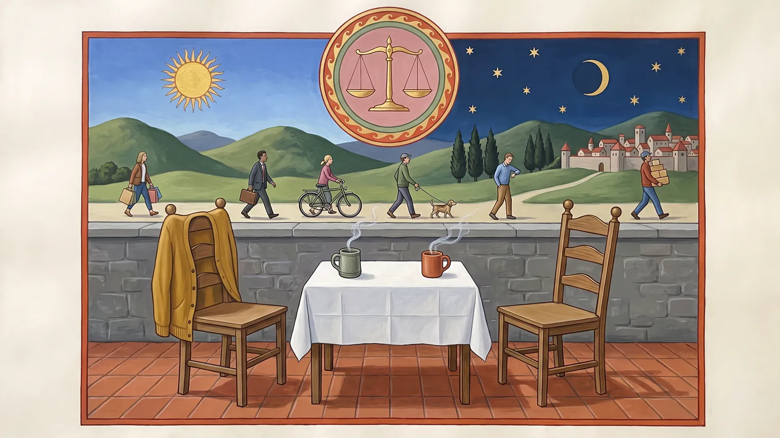 The same terrace with the table set and two steaming mugs but nobody sitting yet, a cardigan left on one chair, while small figures walk past beyond the wall with shopping bags, a bicycle and a dog