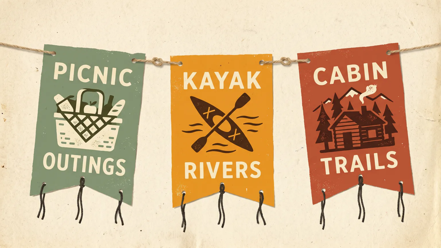 Three vintage pennant flags strung on a line — Picnic Outings, Kayak Rivers, Cabin Trails — one banner for each budget tier
