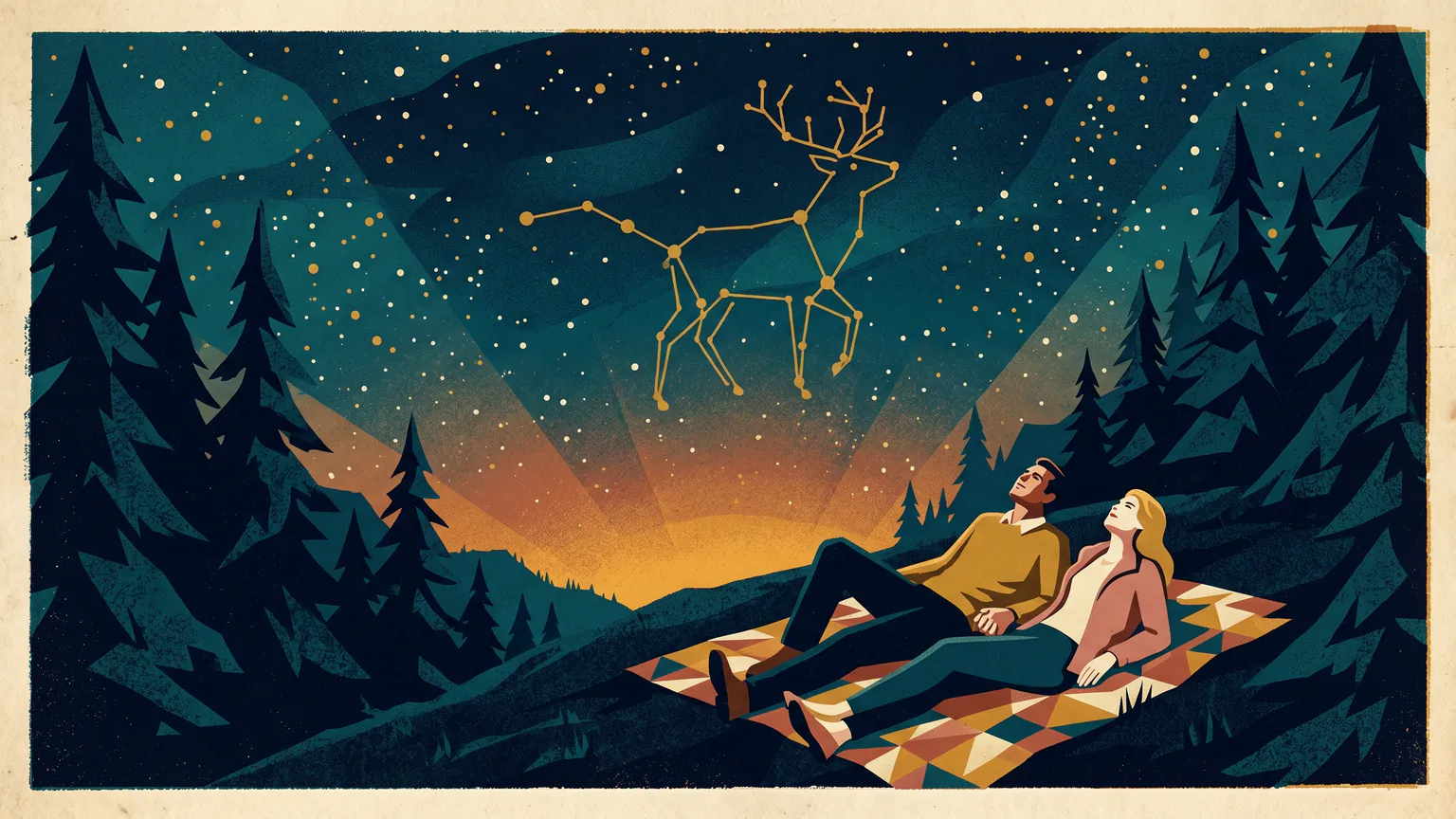 A couple stargazing from a blanket on a dark hillside under a deep teal summer sky full of stars, vintage screenprint travel-poster style