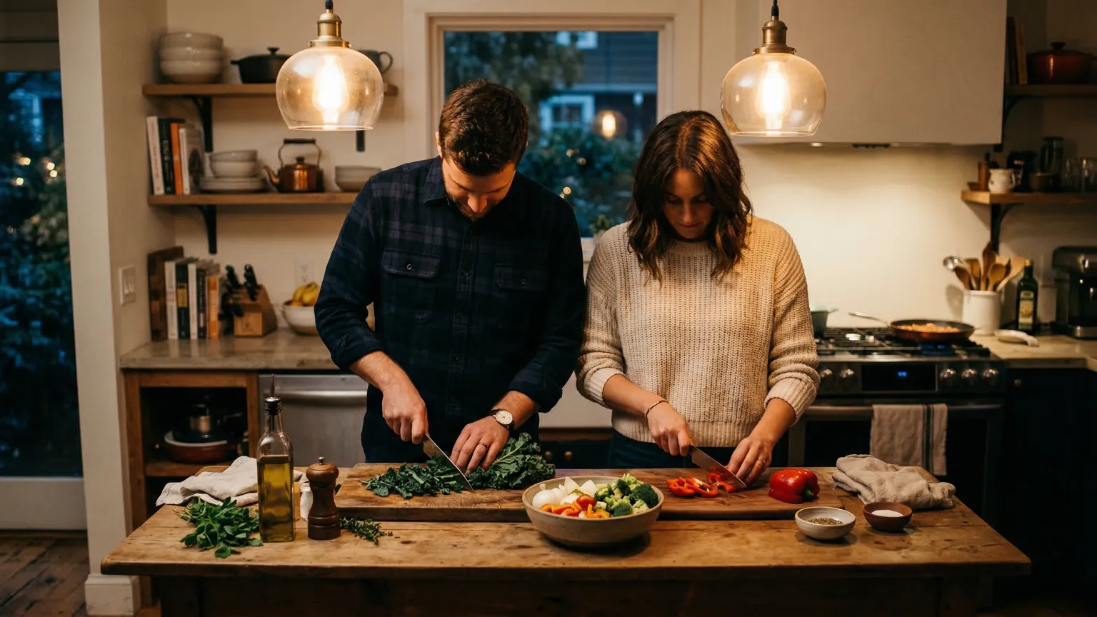 A couple cooking together in a warm kitchen, shoulders nearly touching