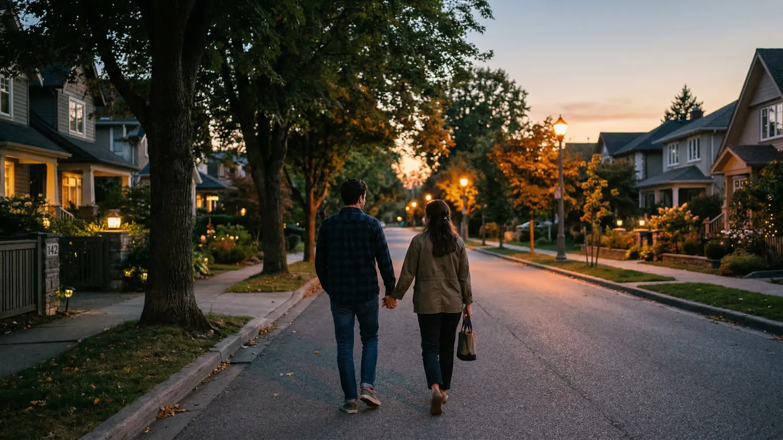 Two people walking together on a quiet street at dusk, holding hands